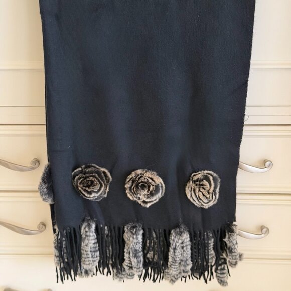 La Fiorentina Accessories - La Fiorentina Wool Wrap with Rabbit Fur Rosettes & Tails